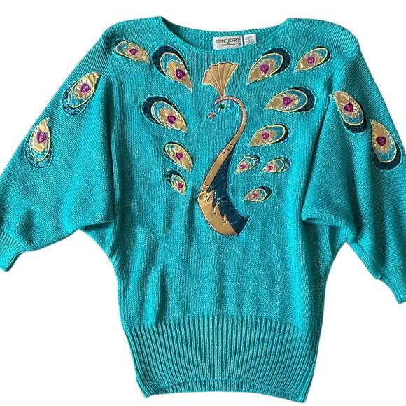 Bonnie Boerer Peacock Appliqué Sweater – Metallic Teal – M